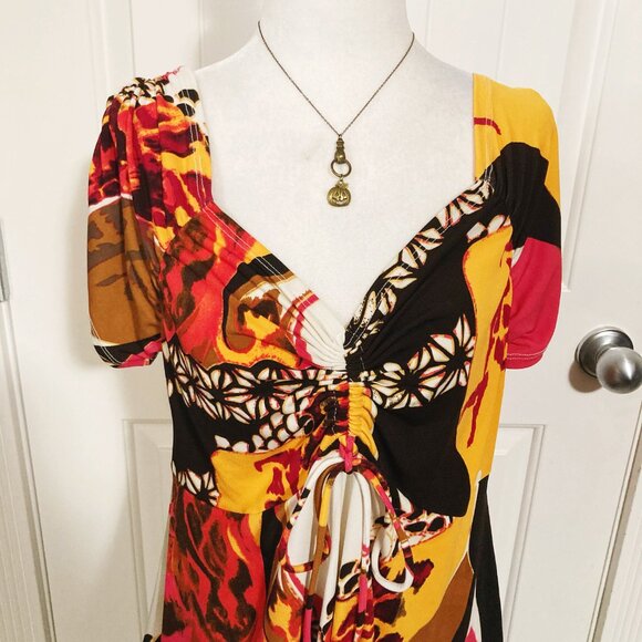 CLIENTELE Leopard floral abstract print v-neck short sleeve top ~ LARGE XL shirt - Picture 4 of 14